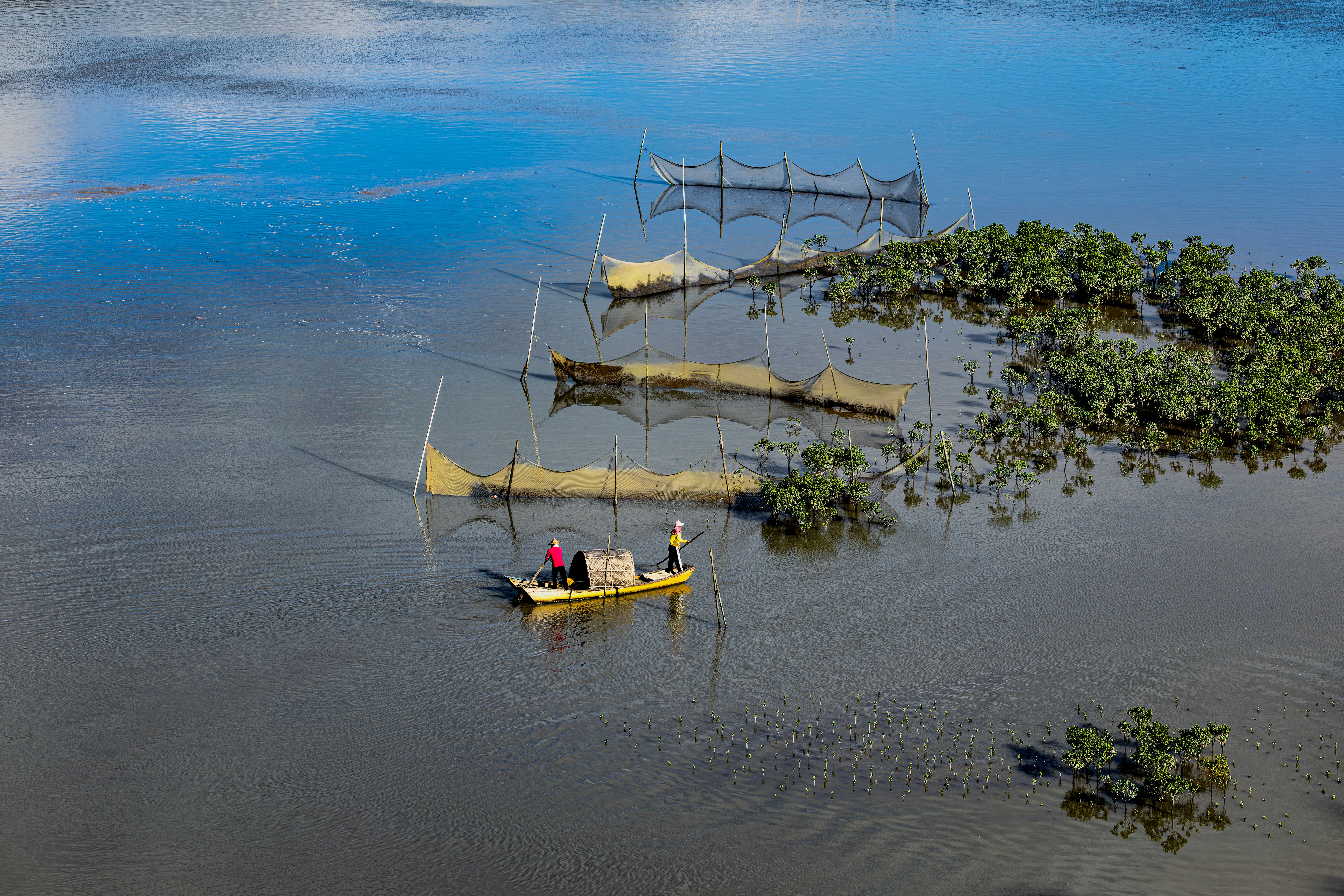 Aerial View of Fishermen with Nets in River · Free Stock Photo