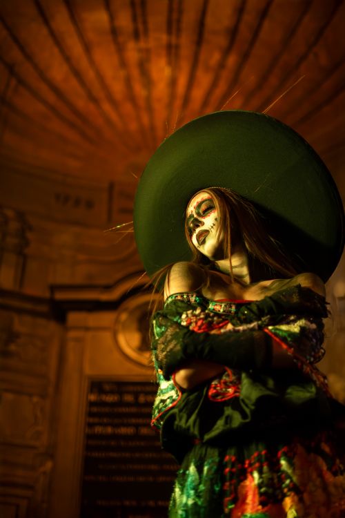 Free A vibrant costume and face paint highlight this Dia de los Muertos portrait. Stock Photo