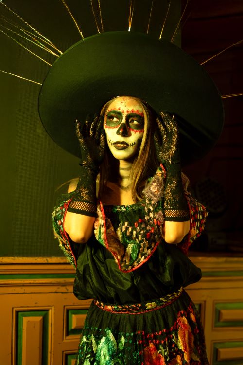 Free Portrait of a woman in Day of the Dead makeup and traditional dress, indoors. Stock Photo