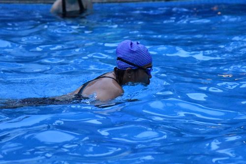 Free An adult female swimmer practicing in a pool, wearing goggles and swim cap. Stock Photo