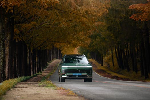 Electric vehicle on a scenic road with autumn foliage highlighting eco-friendly travel.