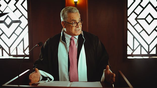 Senior male lawyer presenting a case in a Baghdad courtroom, wearing a classic black robe.