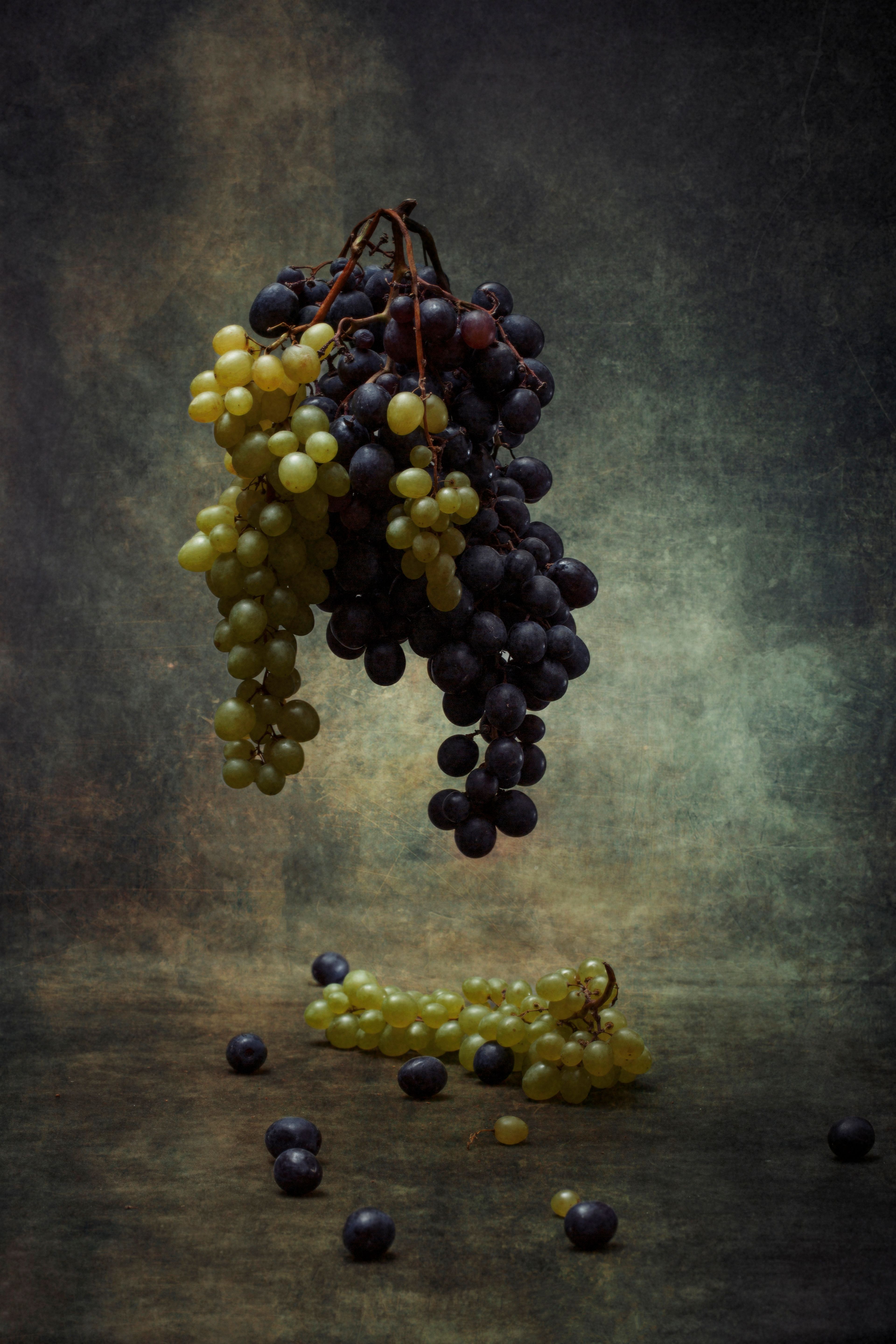 Elegant composition of grapes in dramatic lighting, showcasing vivid colors and textures.