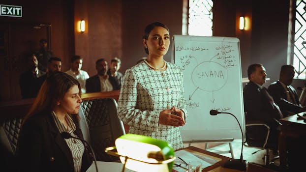 Businesswoman giving a presentation in a modern Baghdad office, engaging with an audience.