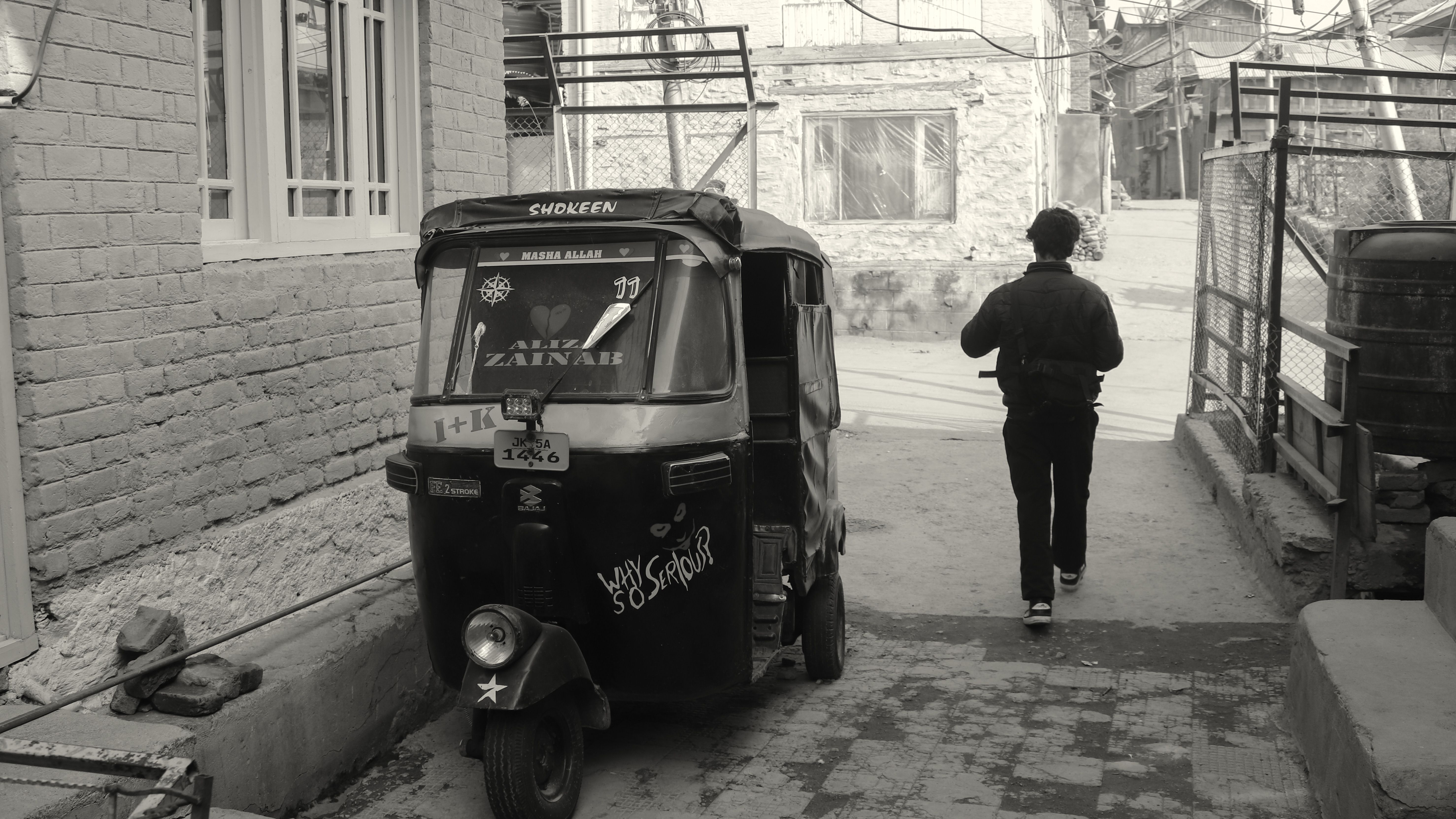 Monochrome Street Scene with Auto Rickshaw and Pedestrian · Free Stock ...