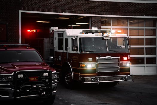 Fire truck and emergency vehicle leaving station with lights flashing at night.