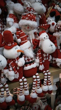 A collection of festive plush toys and decorations in red and white for Christmas celebration.
