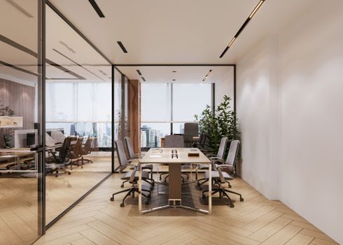 A modern conference room featuring glass walls, natural light, and stylish furniture overlooking a city skyline.