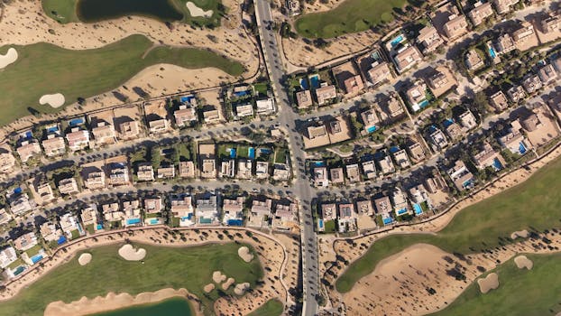 Aerial shot of luxury villas and golf course in Sheikh Zayed, Cairo, showcasing modern architecture and lush greenery.