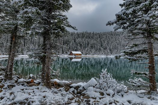 Serene winter landscape of Jasper Lake in Alberta with snow-covered forest and cabin reflection.