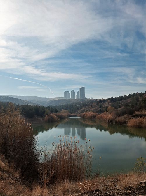 Free Skyscrapers rise over a peaceful lake surrounded by trees under a clear blue sky. Stock Photo