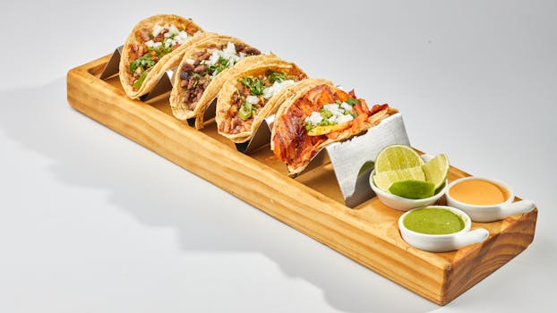Assorted tacos served on a wooden tray with lime and dipping sauces.