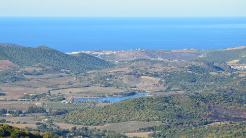 Free Aerial view of Murato's beautiful landscape and coastline in Corsica, France. Stock Photo