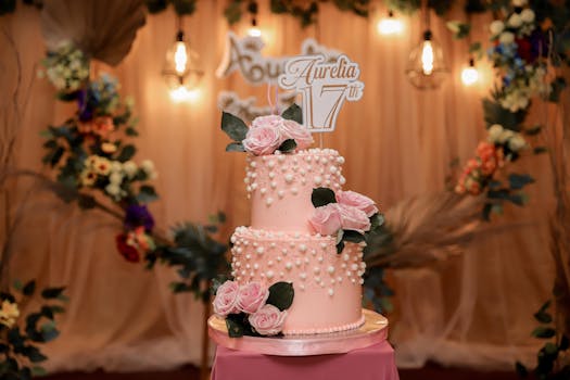 Beautiful pink two-tier birthday cake adorned with roses and pearls, perfect for celebrations.