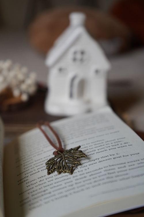 Free An open book with a leaf-shaped bookmark in a cozy setting, featuring a decorative house. Stock Photo
