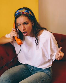 Young woman expressing frustration on an orange retro phone while sitting indoors.