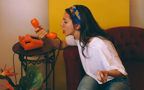 Frustrated young woman yelling into vintage orange phone indoors.