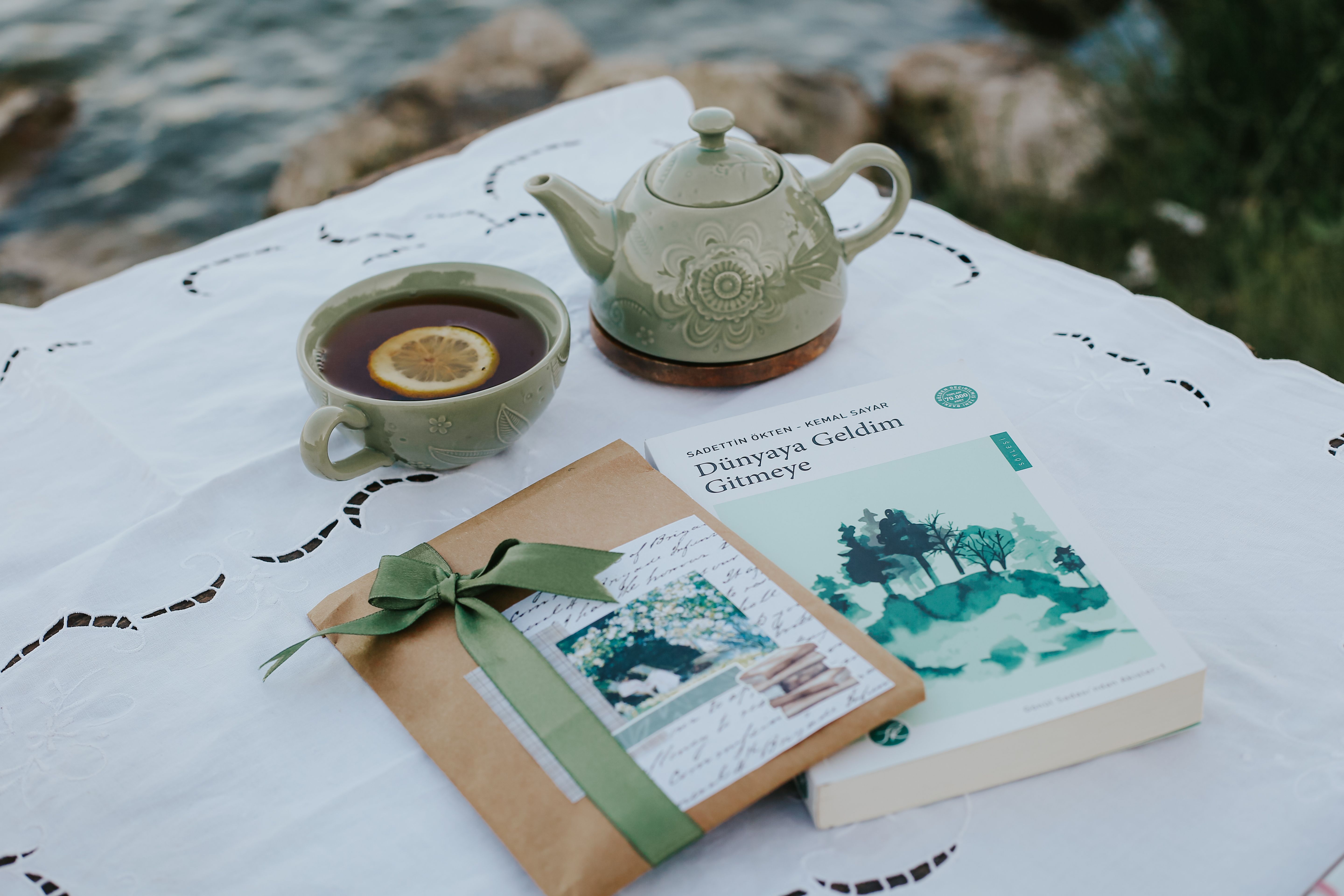 Elegant Tea and Book Setup Overlooking Water · Free Stock Photo