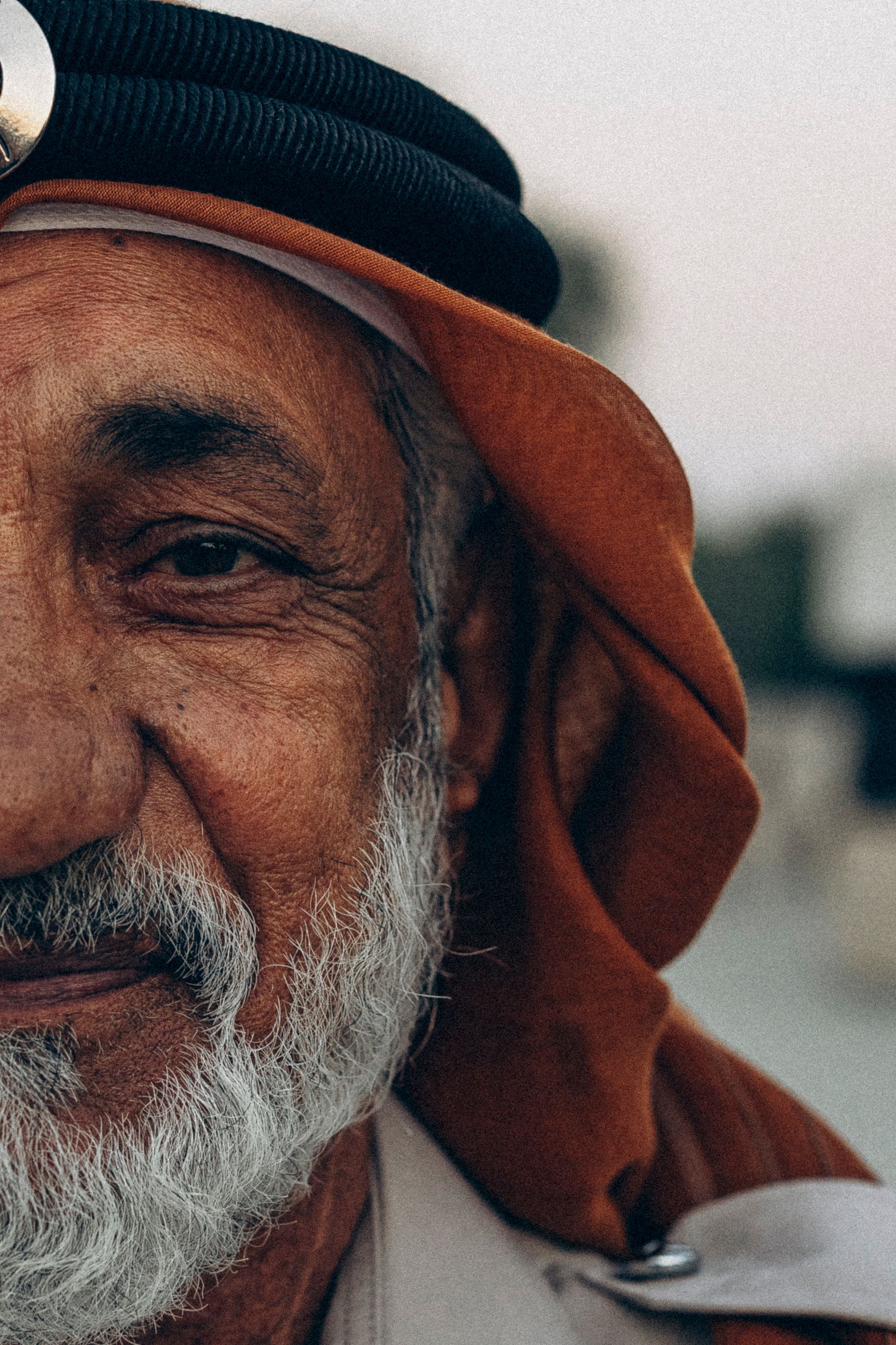 A detailed portrait of a senior Emirati man wearing traditional attire, captured in Abu Dhabi.