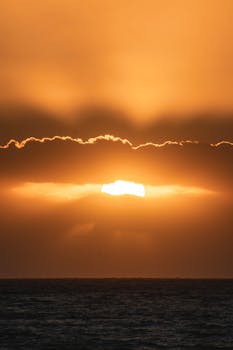 A stunning sunset over the ocean with dramatic clouds and vibrant colors creating a serene scene.