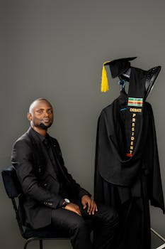 Portrait of a graduate in Kigali with academic gown and sash symbolizing achievement and leadership.