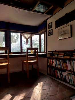A tranquil study corner with wooden chairs, books, and a sunlit window.