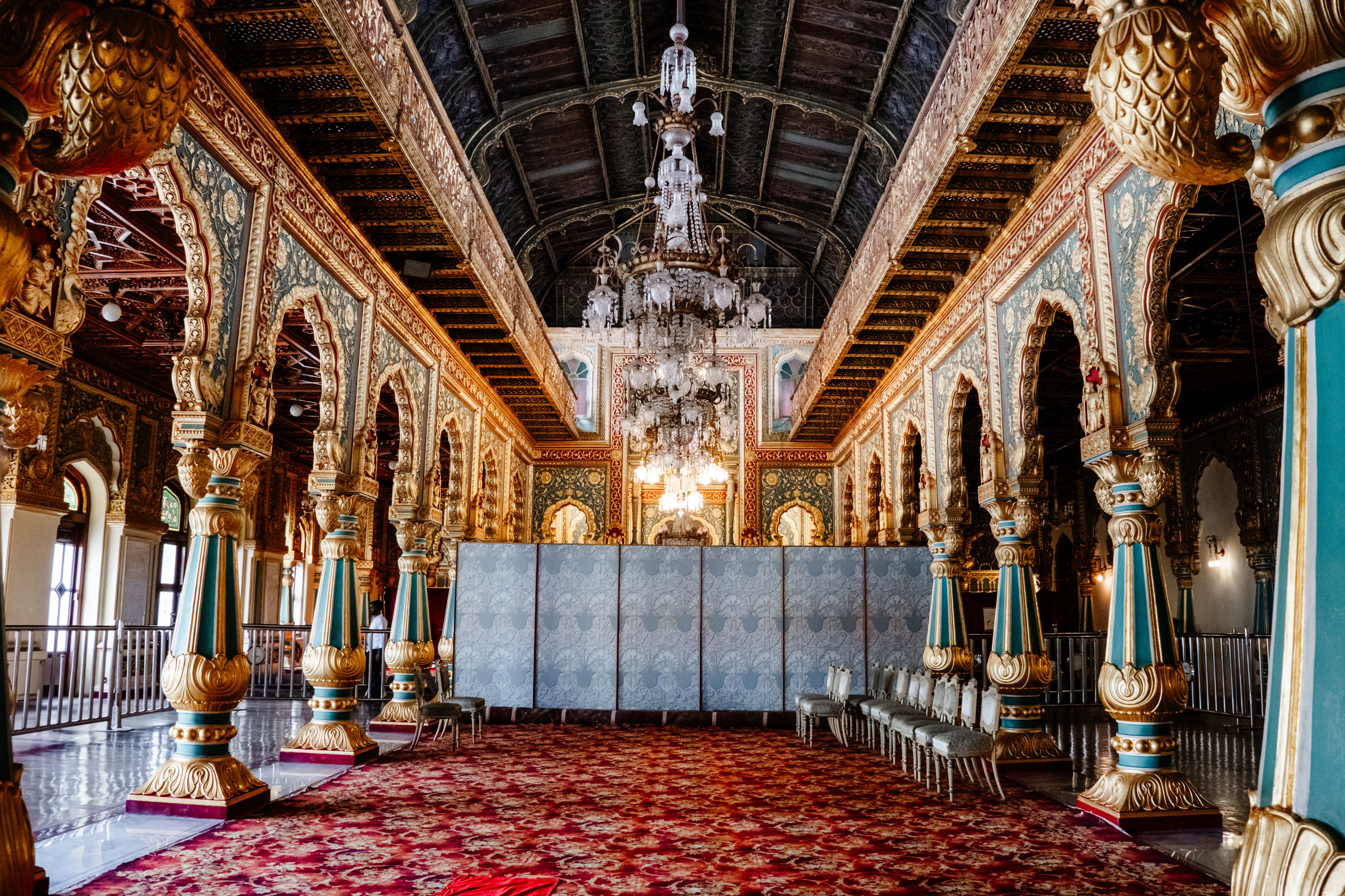 Opulent Mysore Palace interior showcasing its grand architecture and cultural heritage.