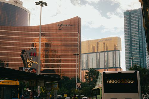 Free Captivating urban scene featuring Wynn and MGM buildings under a beautiful sky in Macau. Stock Photo