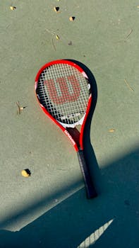 Vibrant red tennis racket lying on an outdoor court with scattered autumn leaves.