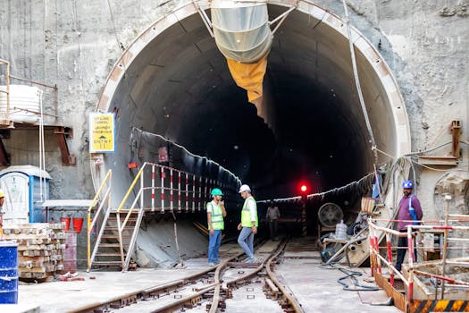 Construction workers in a tunnel. Workers in safety gear stand by a tunnel entrance.