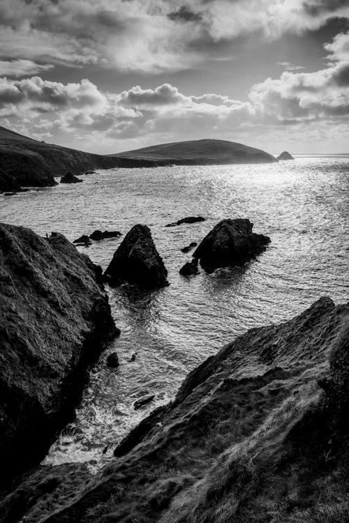 Free Stunning black and white view of coastal cliffs in Ireland's Wild Atlantic Way. Stock Photo