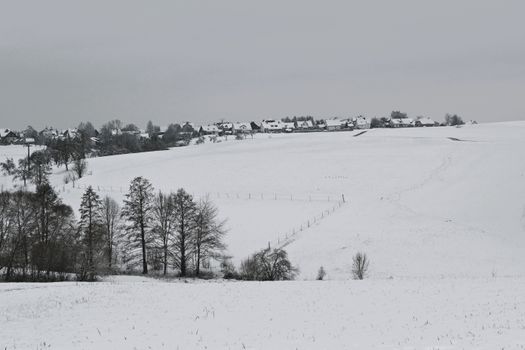 A serene winter landscape with snow-covered fields and trees in Auenwald, Germany.