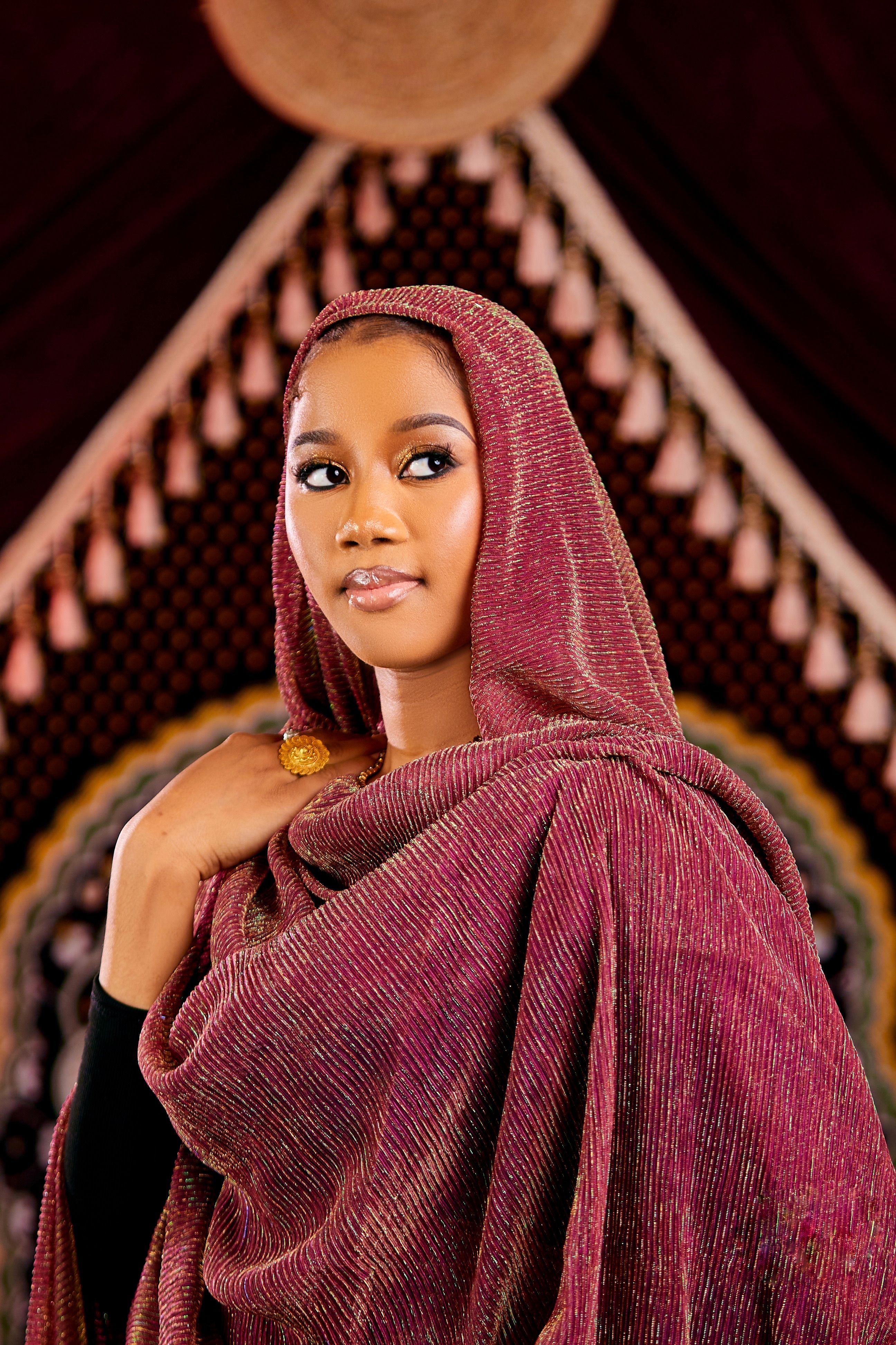 Elegant portrait of a woman in traditional attire against a decorative background.