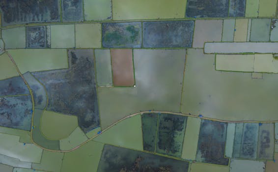 Stunning aerial photo of Bangladesh's patchwork rice fields from above, showcasing vibrant greenery.