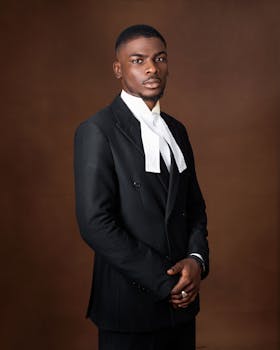 Portrait of African lawyer in a suit with white necktie on brown background.