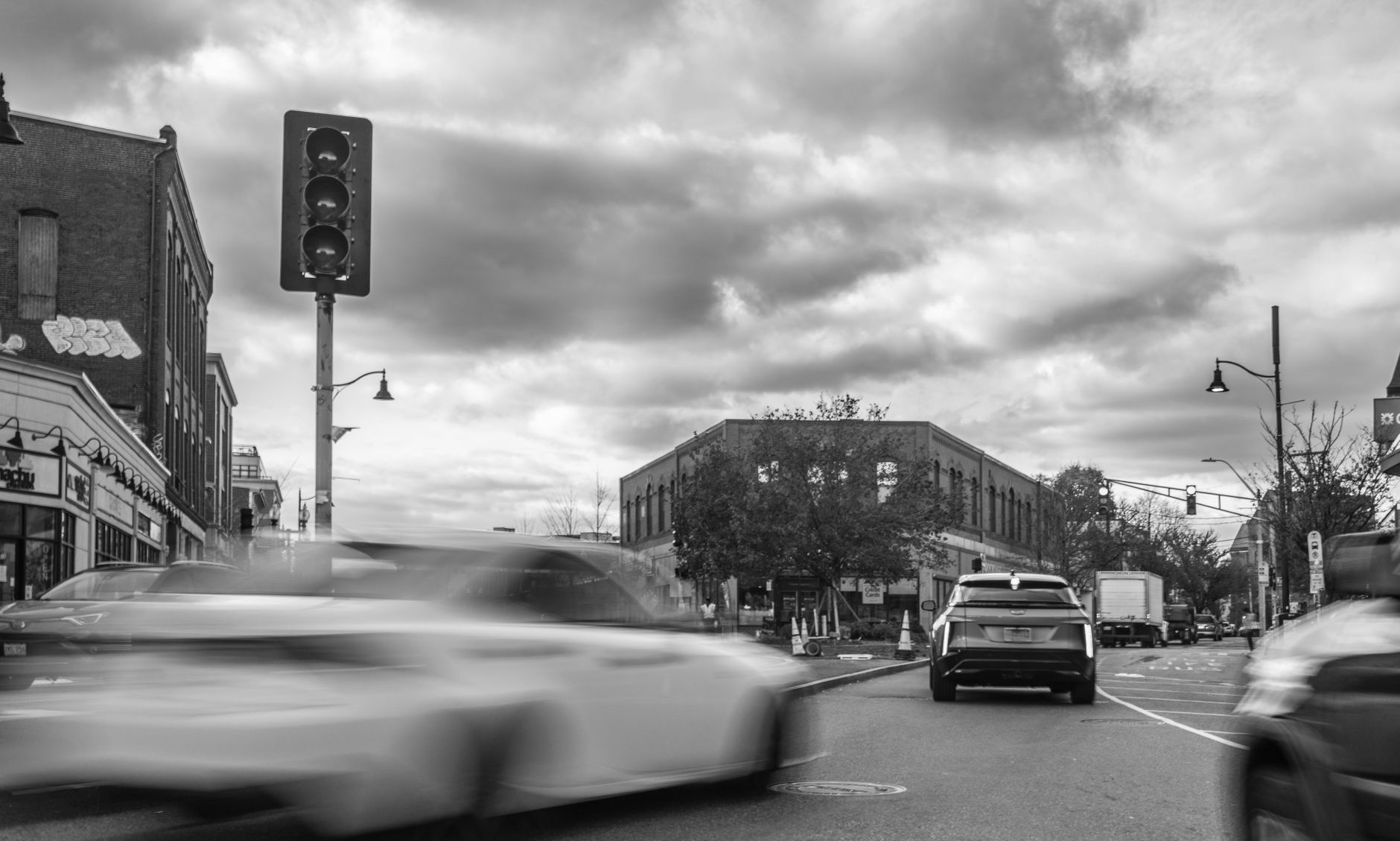 Motion blur of cars at an intersection in Somerville, Massachusetts.