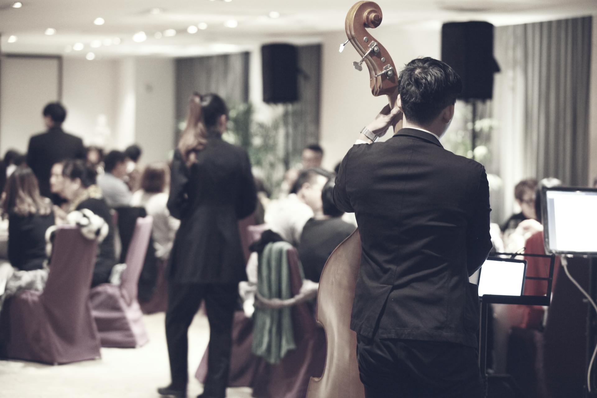 A lively dinner event in Taipei featuring live music performance with a double bass player.