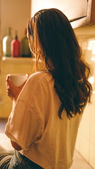 A woman in a sunlit kitchen holds a cup, enjoying a peaceful moment.