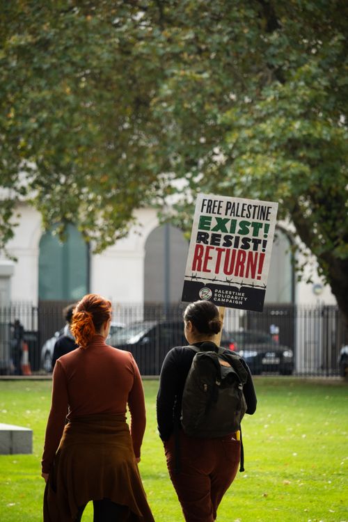 Free People at a protest with a 'Free Palestine' sign in a London park. Stock Photo