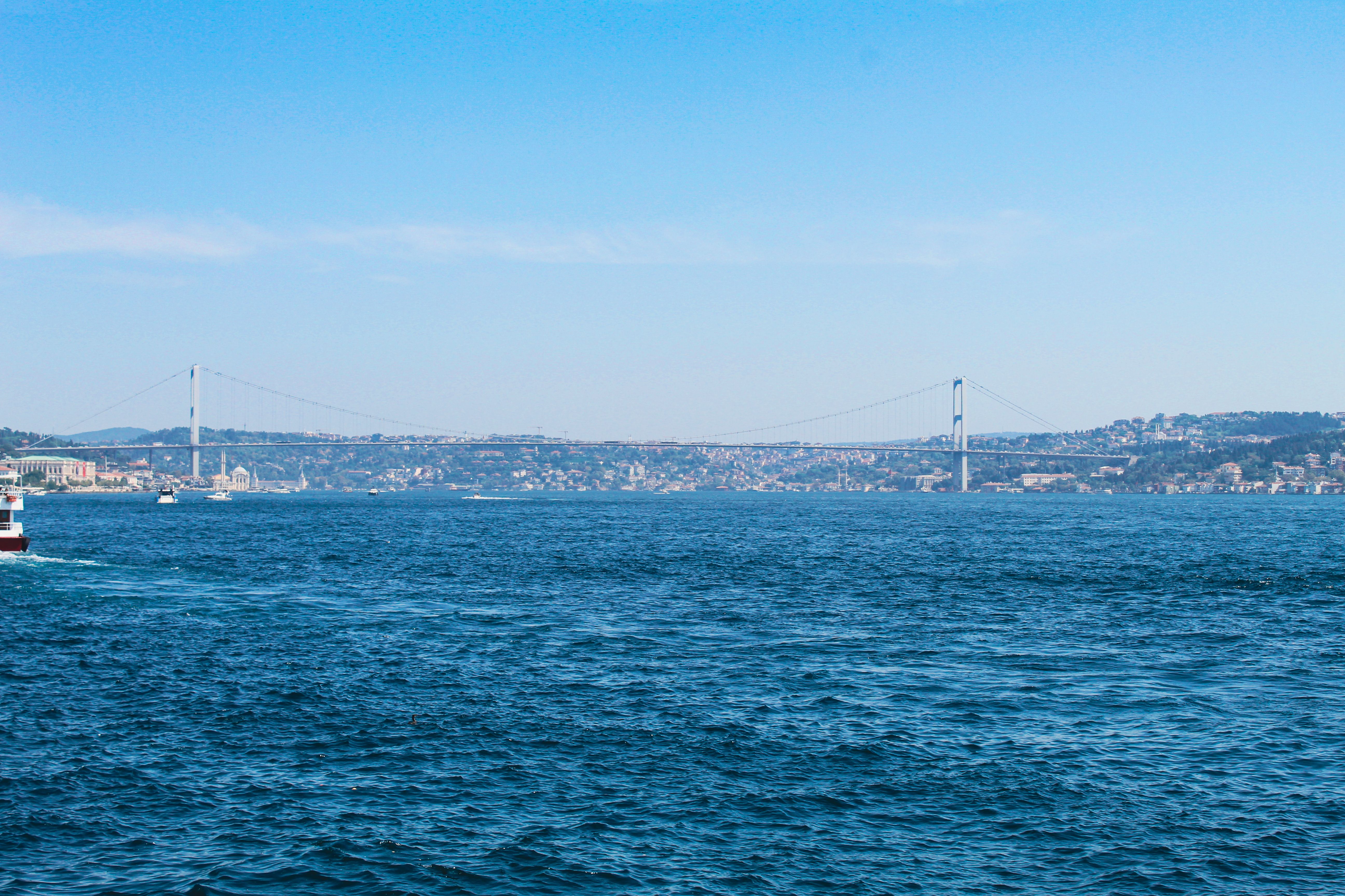 View of the Bosphorus Bridge connecting Europe and Asia over the Bosphorus Strait in Istanbul, Turkey.