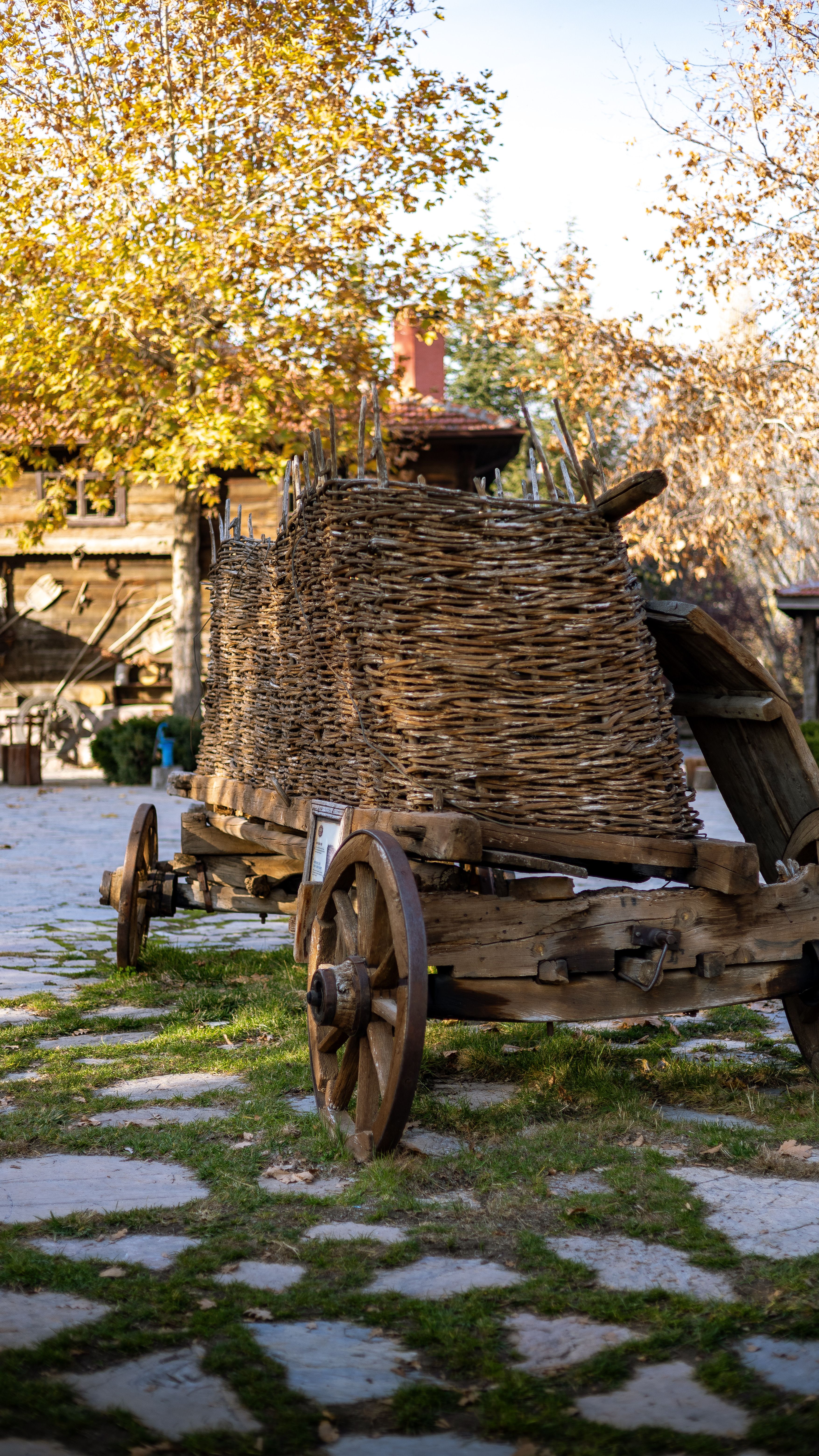 A vintage wooden cart in a rural setting with autumn foliage, capturing a nostalgic countryside scene.
