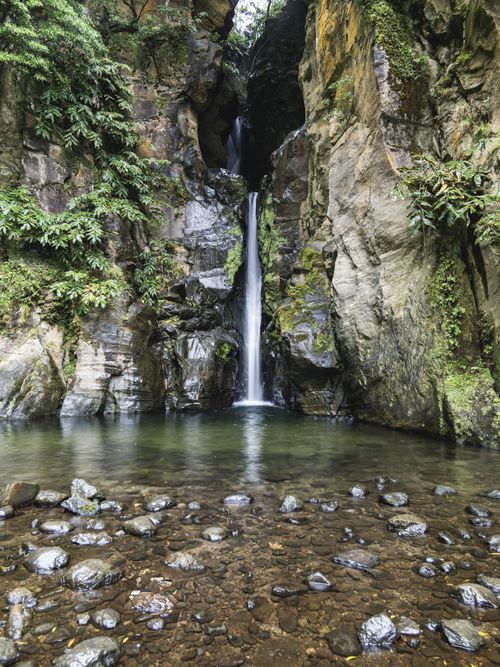 Free A serene waterfall cascades into a calm pool surrounded by lush greenery in a rocky canyon. Stock Photo