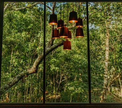 Elegant pendant lights contrasted with lush green forest view through a large window.