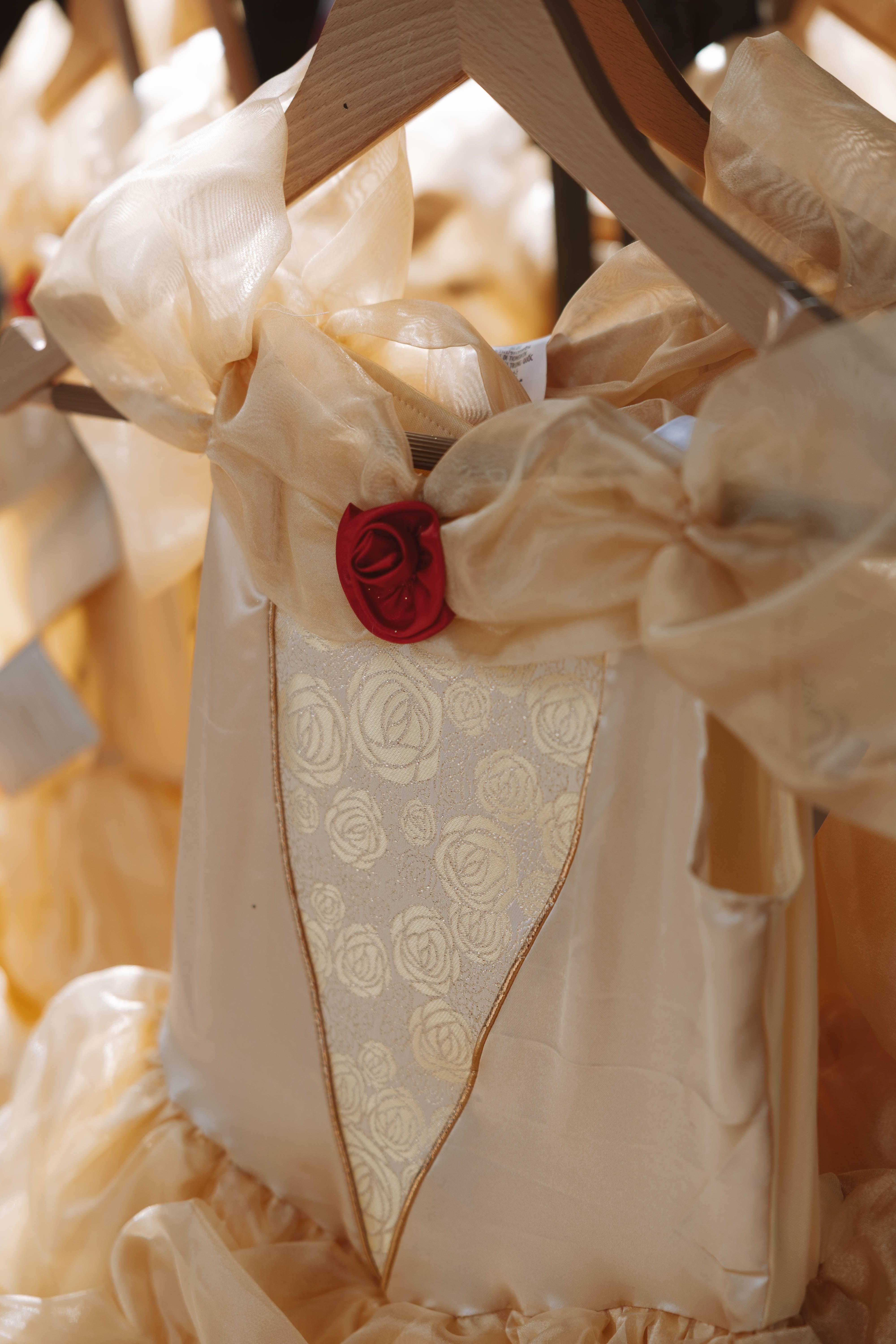 Close-up of a chic golden princess dress with a red rose decoration, perfect for costumes.