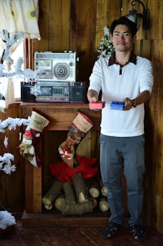 A man offering small gifts in a cozy, decorated indoor holiday setting.