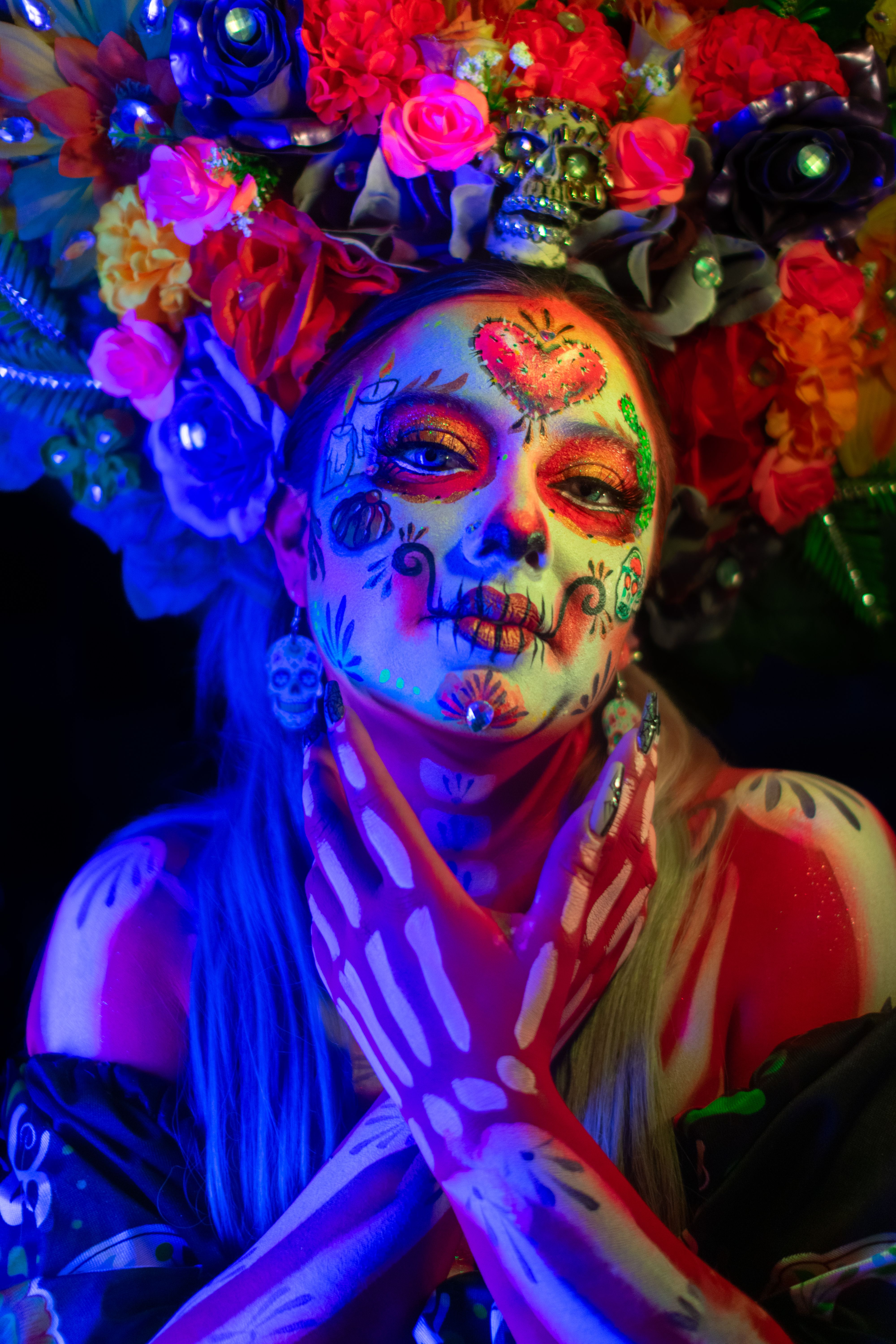 Colorful Day of the Dead Portrait with Floral Headdress · Free Stock Photo