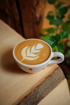 A beautifully crafted latte with elegant foam art on a rustic wooden table beside lush greenery.