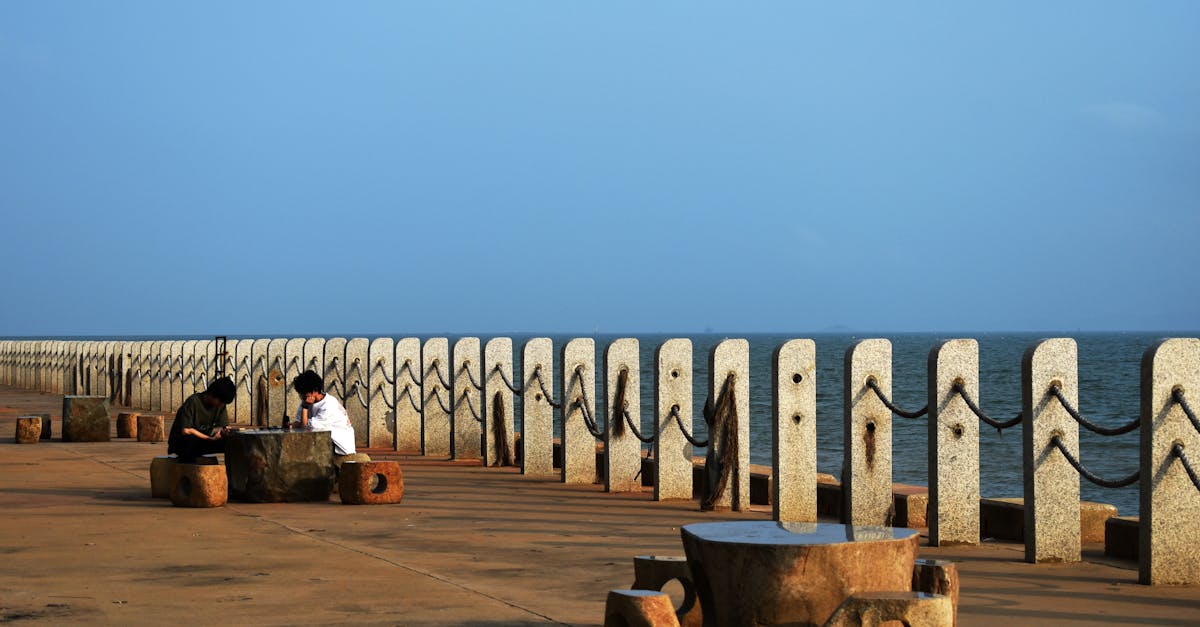 Two people enjoy a peaceful moment by the seaside on a sunny day, sitting by a concrete barrier.
