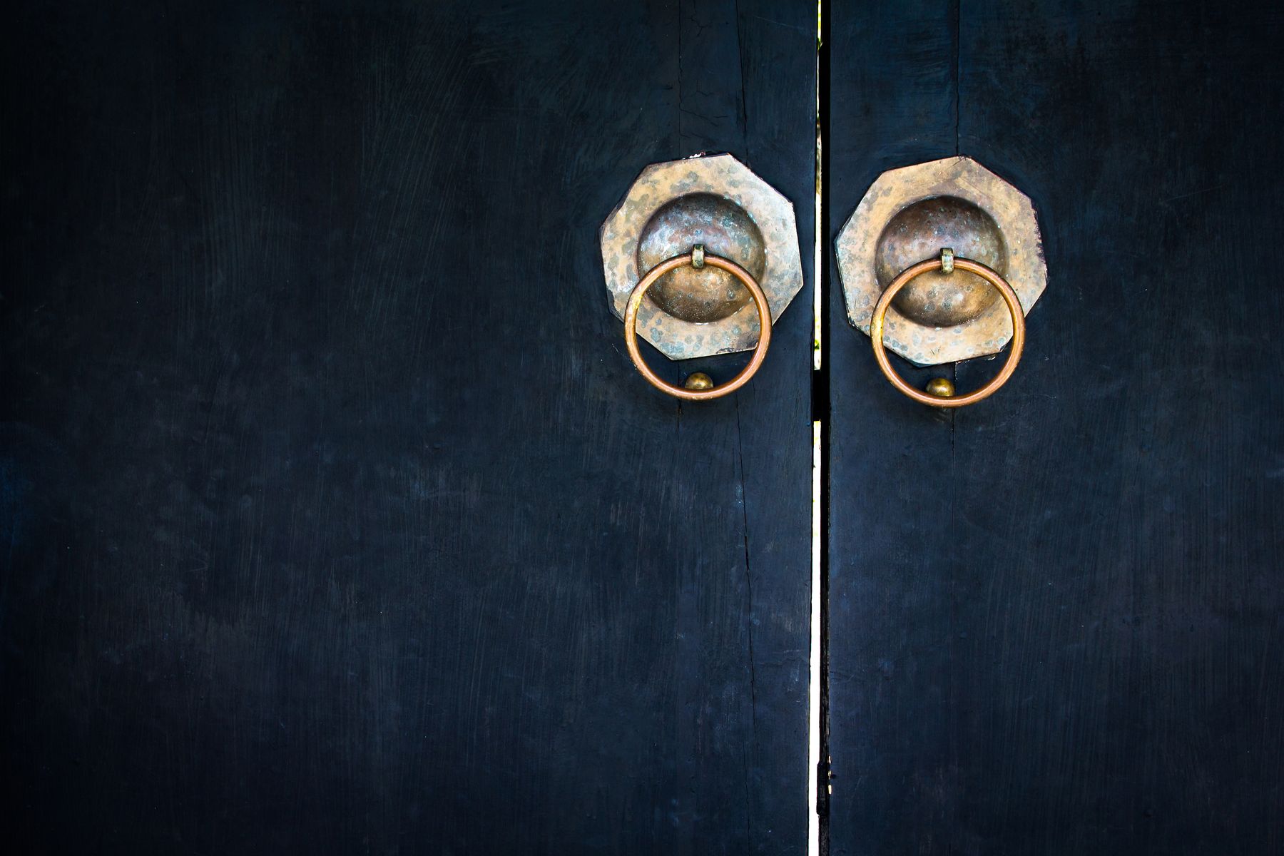 Brass ring knockers on a dark lacquered double door
