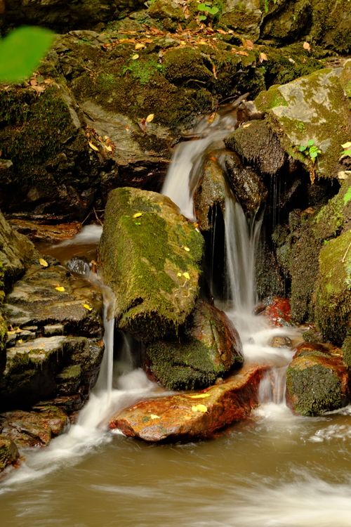 Free Serene waterfall flowing over moss-covered rocks, surrounded by lush greenery. Stock Photo